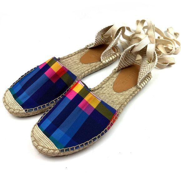 NWOT J. Crew Navy Madras Lace Up D’Orsay Flat Espadrille Sandals size 7.5 - Picture 1 of 7